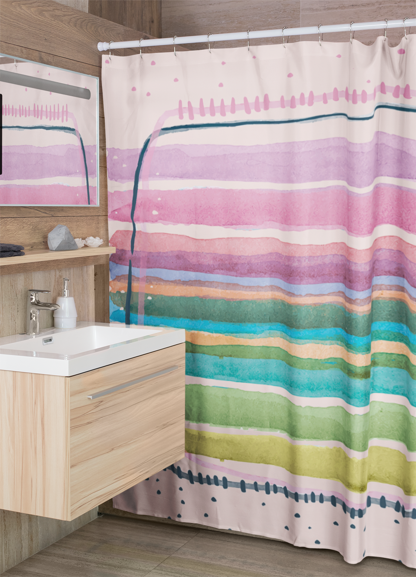 Clean bathroom with printed shower curtain featuring pastel brushstrokes design.