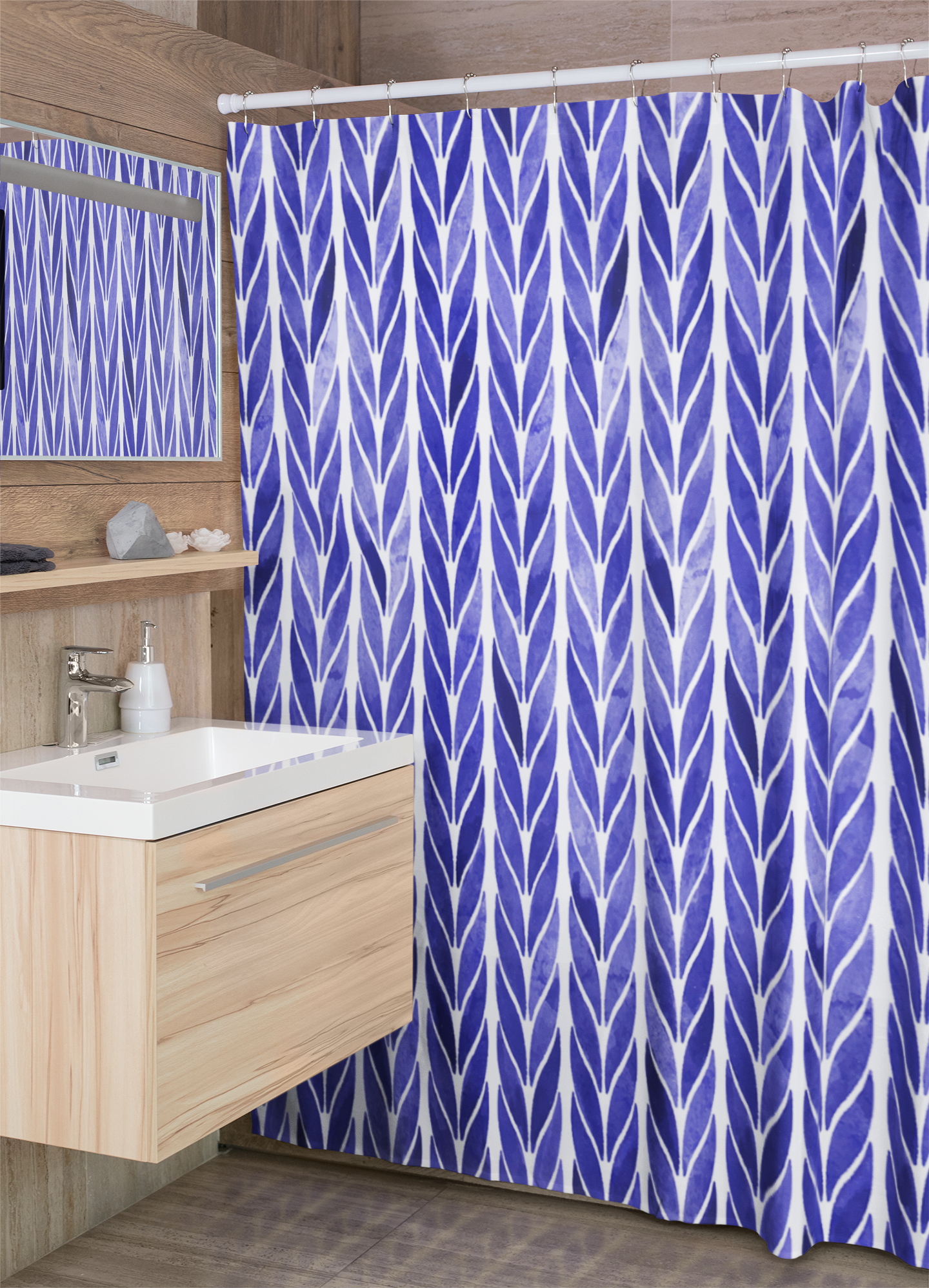 Modern bathroom featuring captivating shower curtain with printed sapphire climber design.