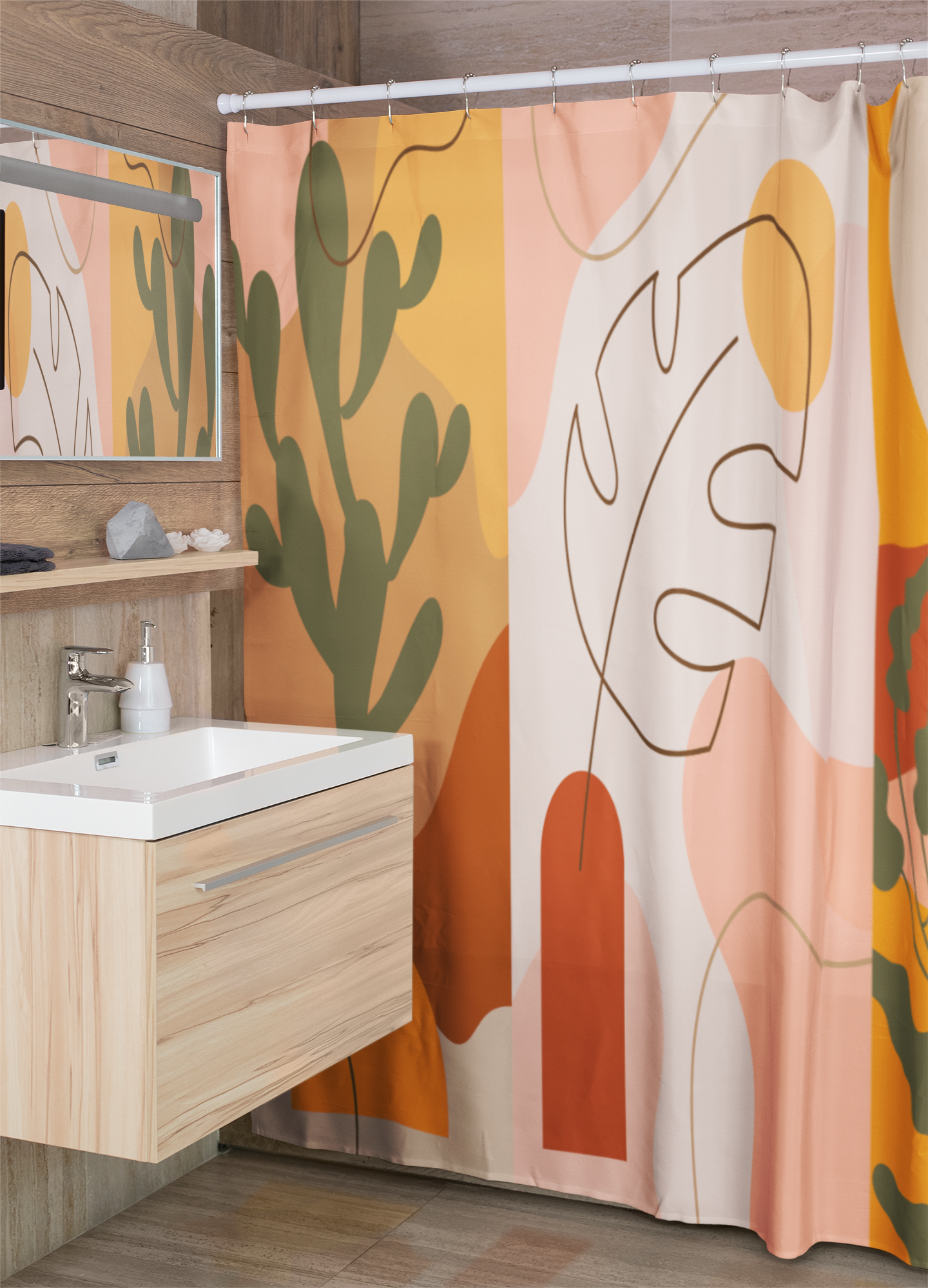 Modern bathroom featuring printed, microfiber shower curtain with multicolored desert theme.