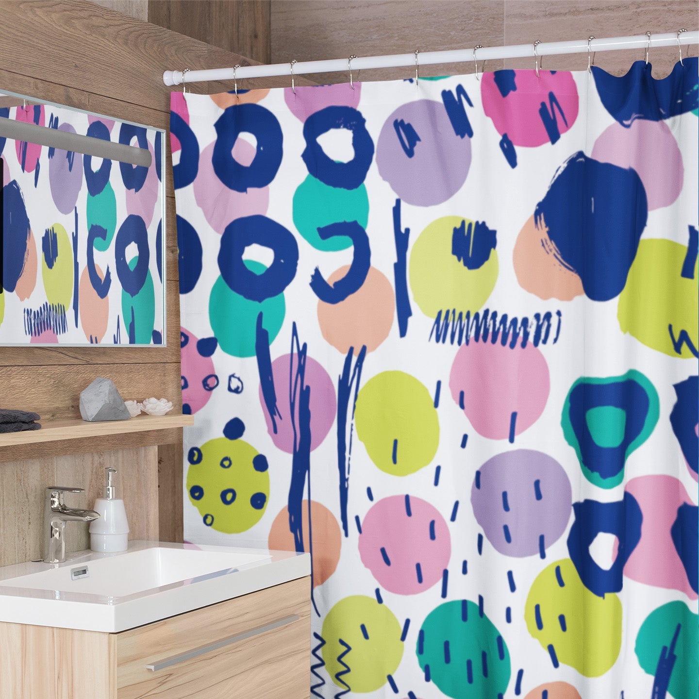 Modern bathroom featuring kid’s printed shower curtain with bright colored circles and lines pattern.