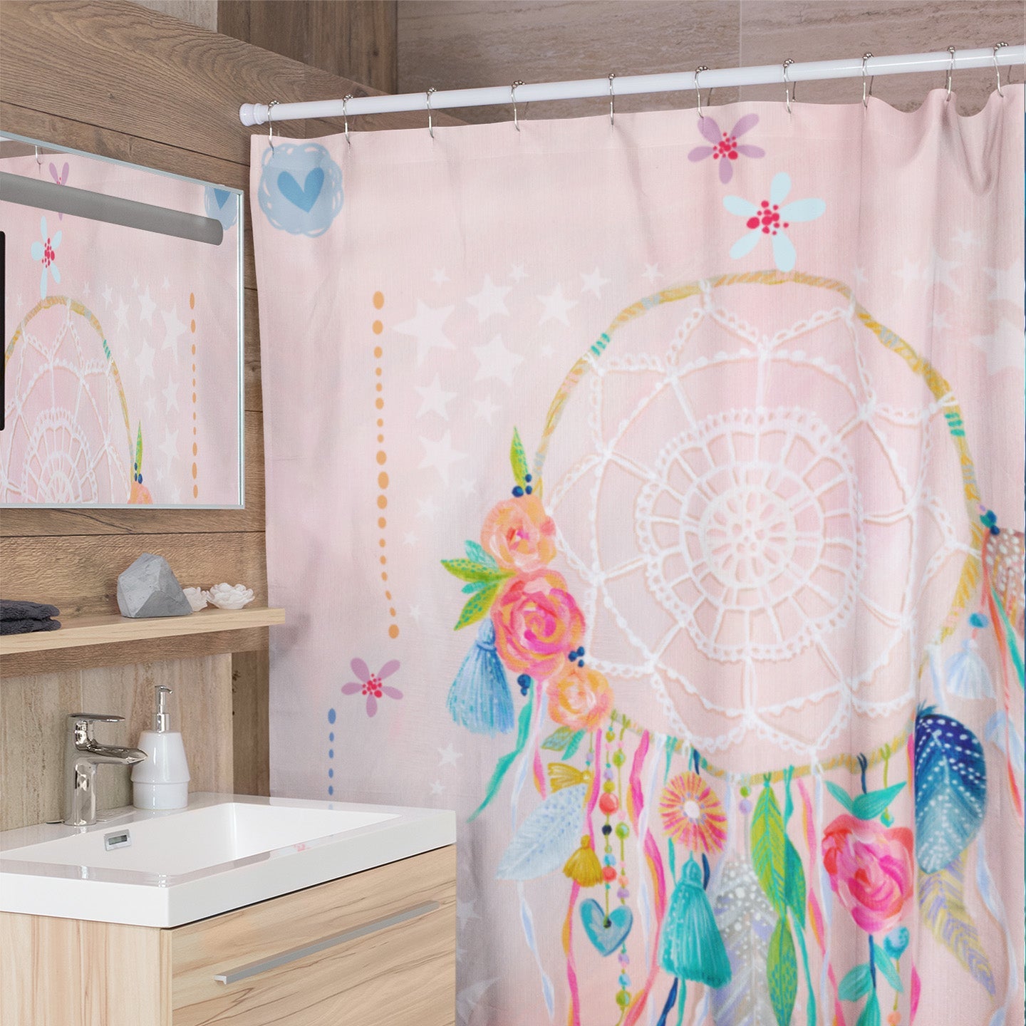 Kid’s pink shower curtain with inspiring dreamcatcher design. 